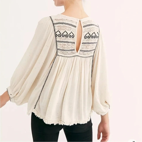 Free People Cyprus top bohemian embroidered pleated gauzy blouse XS hearts - Picture 13 of 13